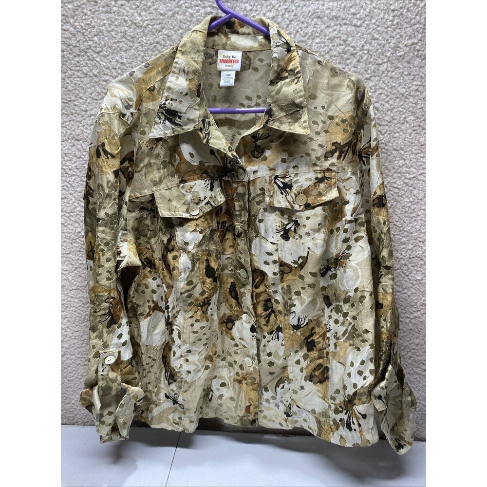 Ruby Rd Women Blouse Shirt Top 20W Button Pockets Chiffon Roll Tab Sleeves